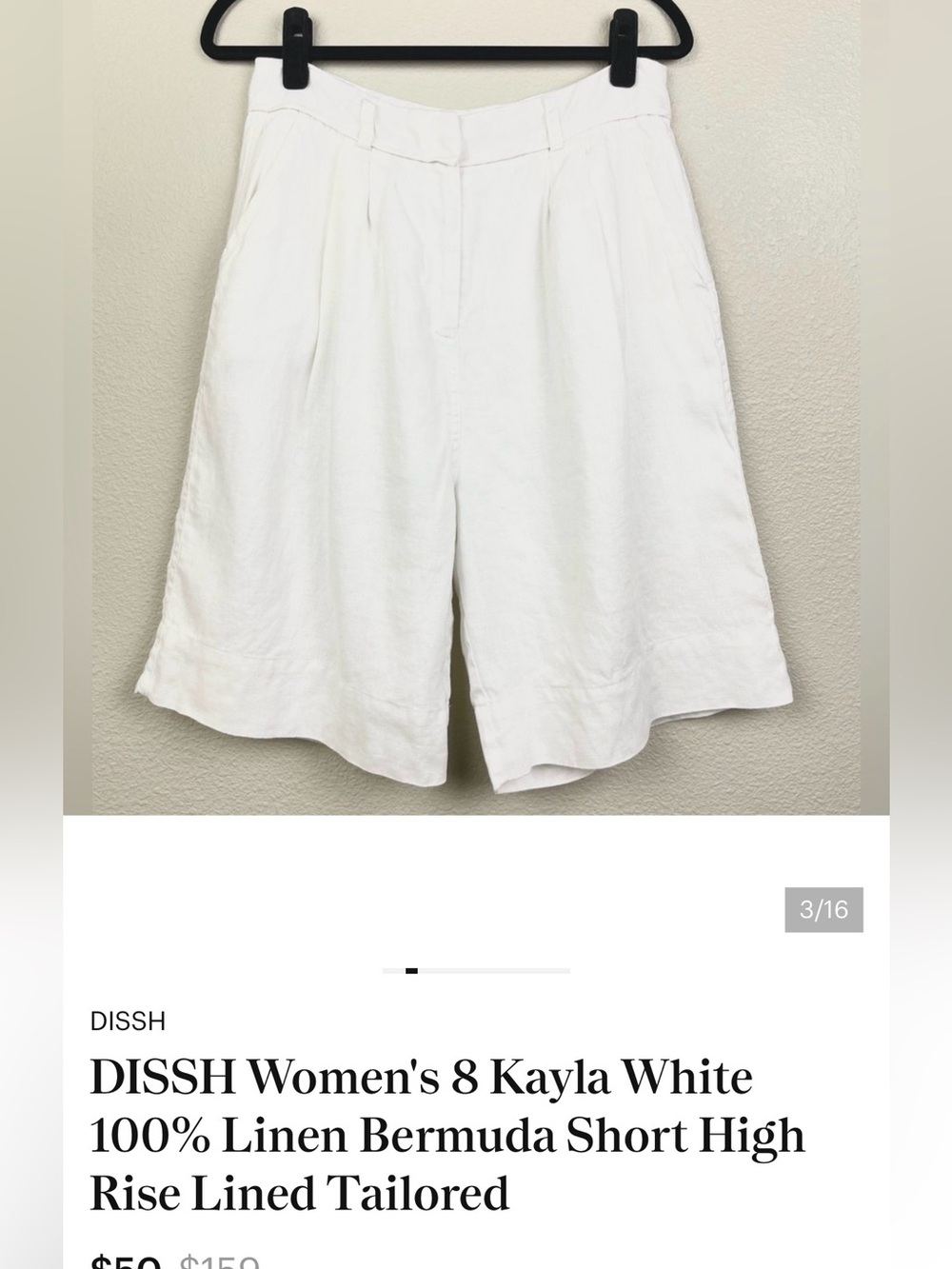 DISSH Women's Kayla White 100% Linen Bermuda Short High Rise Lined Tailored